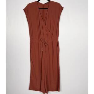 Eileen Fisher PS Petite Small Russet Orange Wide Leg Jumpsuit Surplice Neck